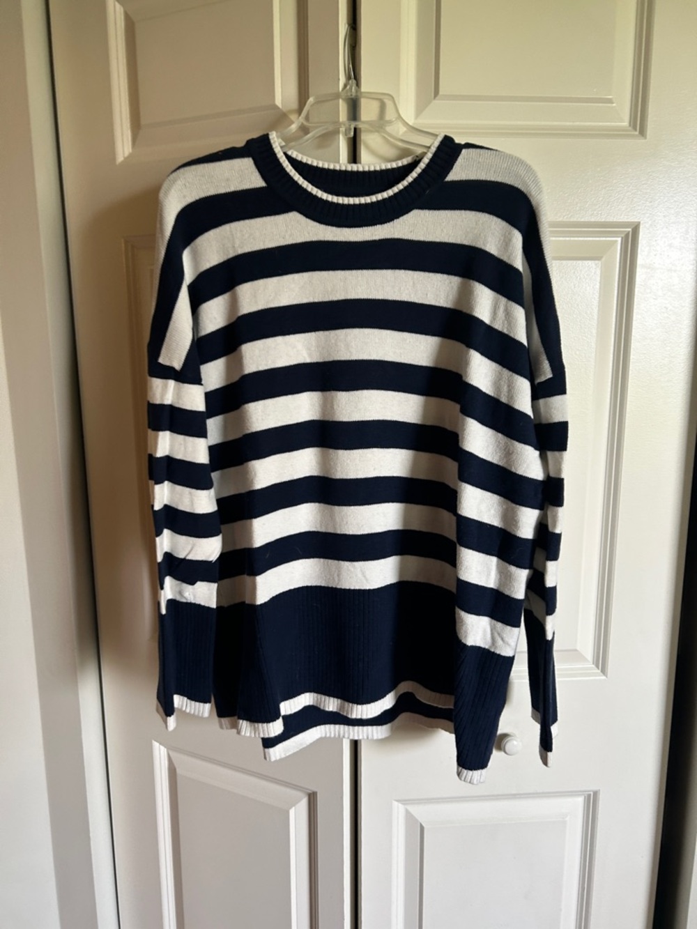 LOFT Navy and White Striped Crewneck Sweater